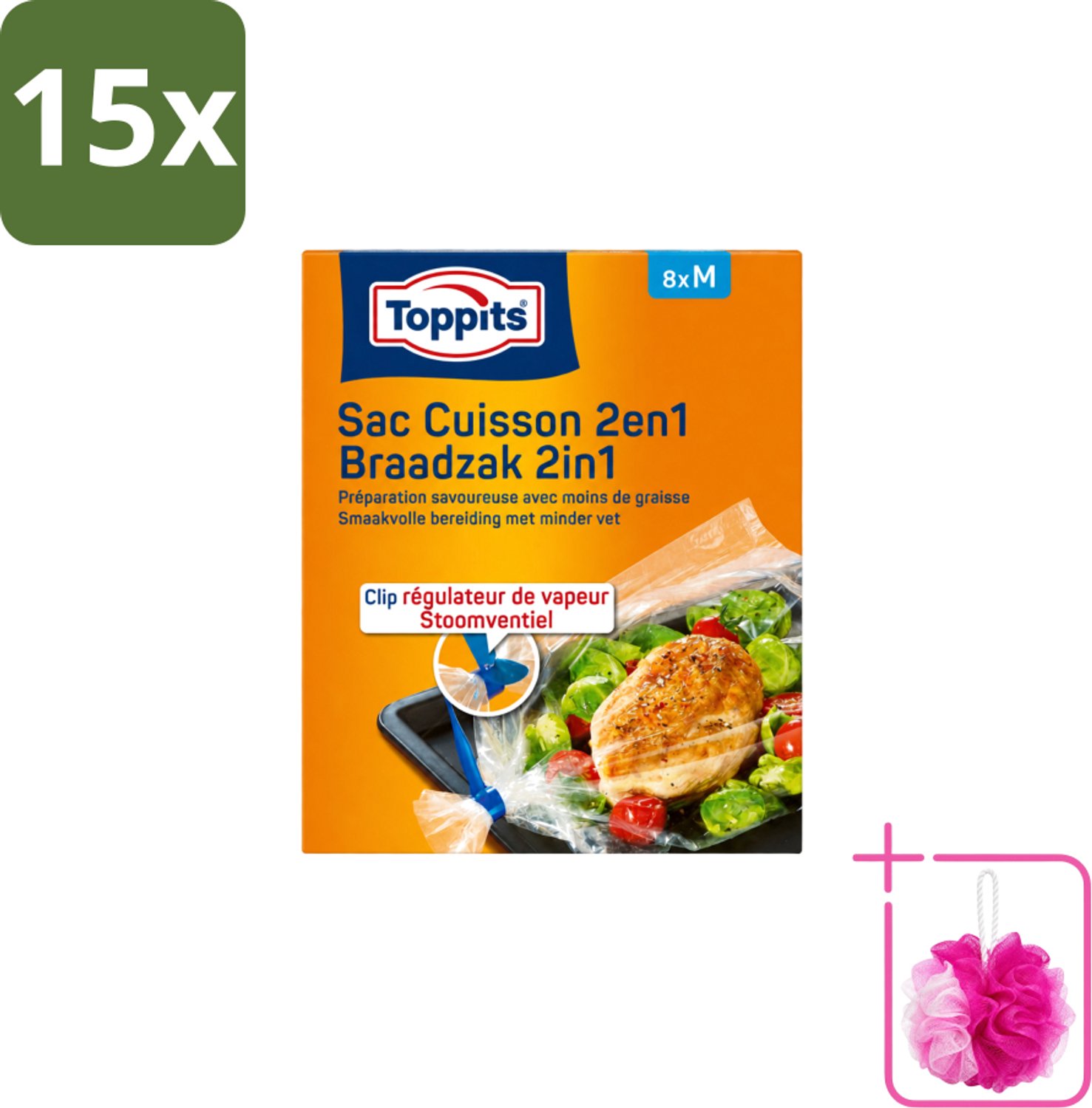 15 x Toppits – 2-in-1 Braad- & Stoomzakken – Maat M – 8 Zakjes - Bulkverpakking - Braadzakken oven - Douchemop - Braadzakken magnetron