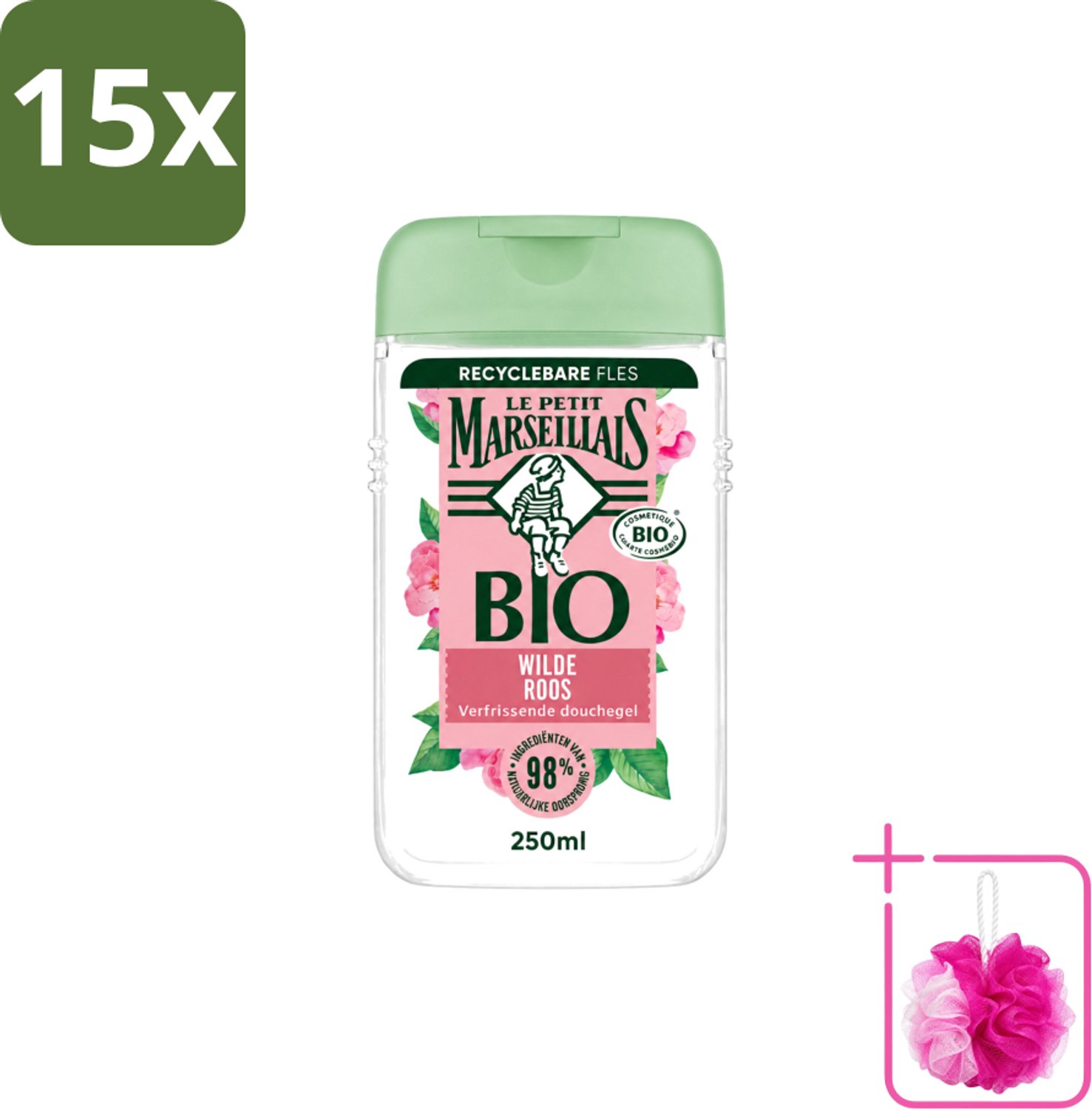 15 x Le Petit Marseillais – Douchegel – Bio Wilde Roos – Verfrissend – 250 ml - Bulkverpakking - Douchegel - Douchemop - Bio rozenbottel