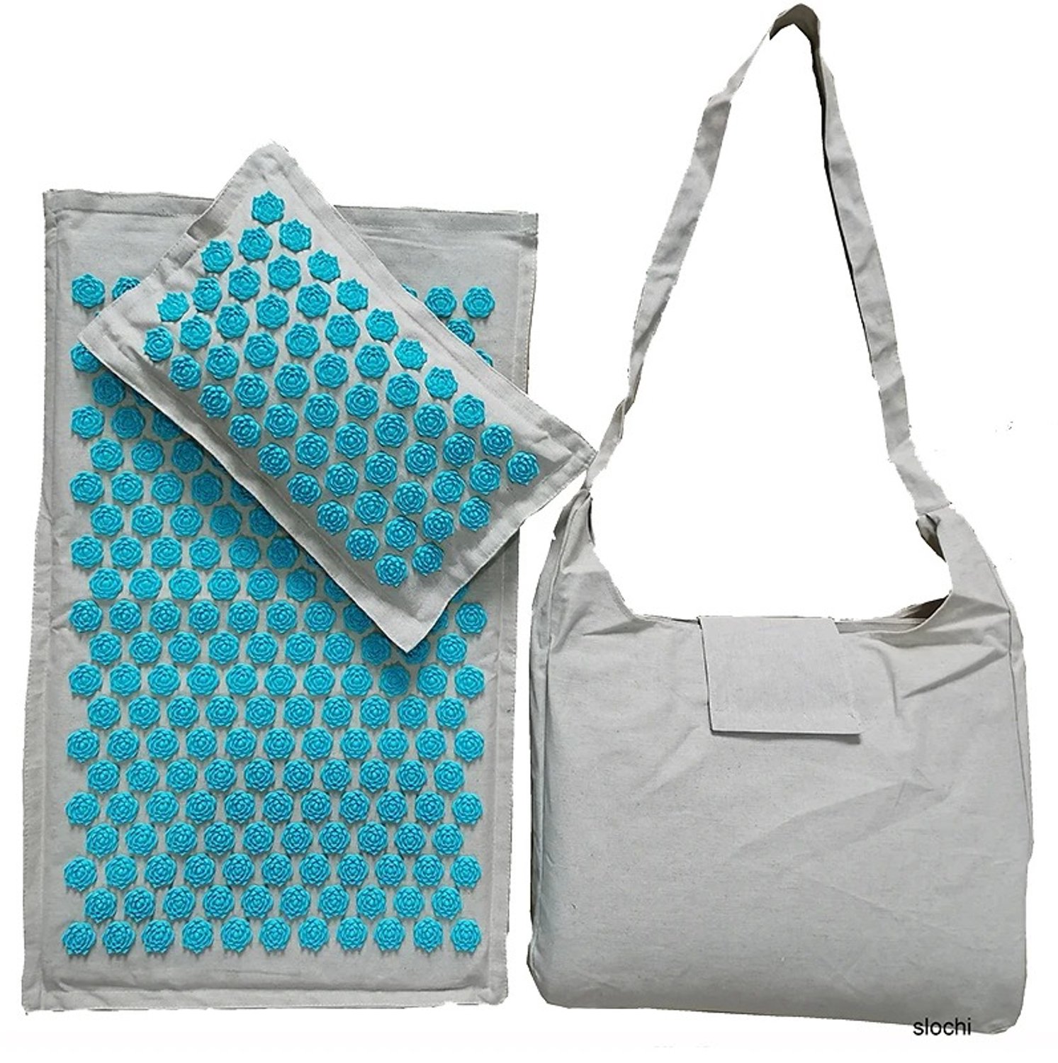 North Collective Acupressuur Mat - Spijkermat Set Linnen & Kokospalm met Kussen en Tas - Acupressuur met Acupunctuur Drukpunten Massagemat - Beige Blauw