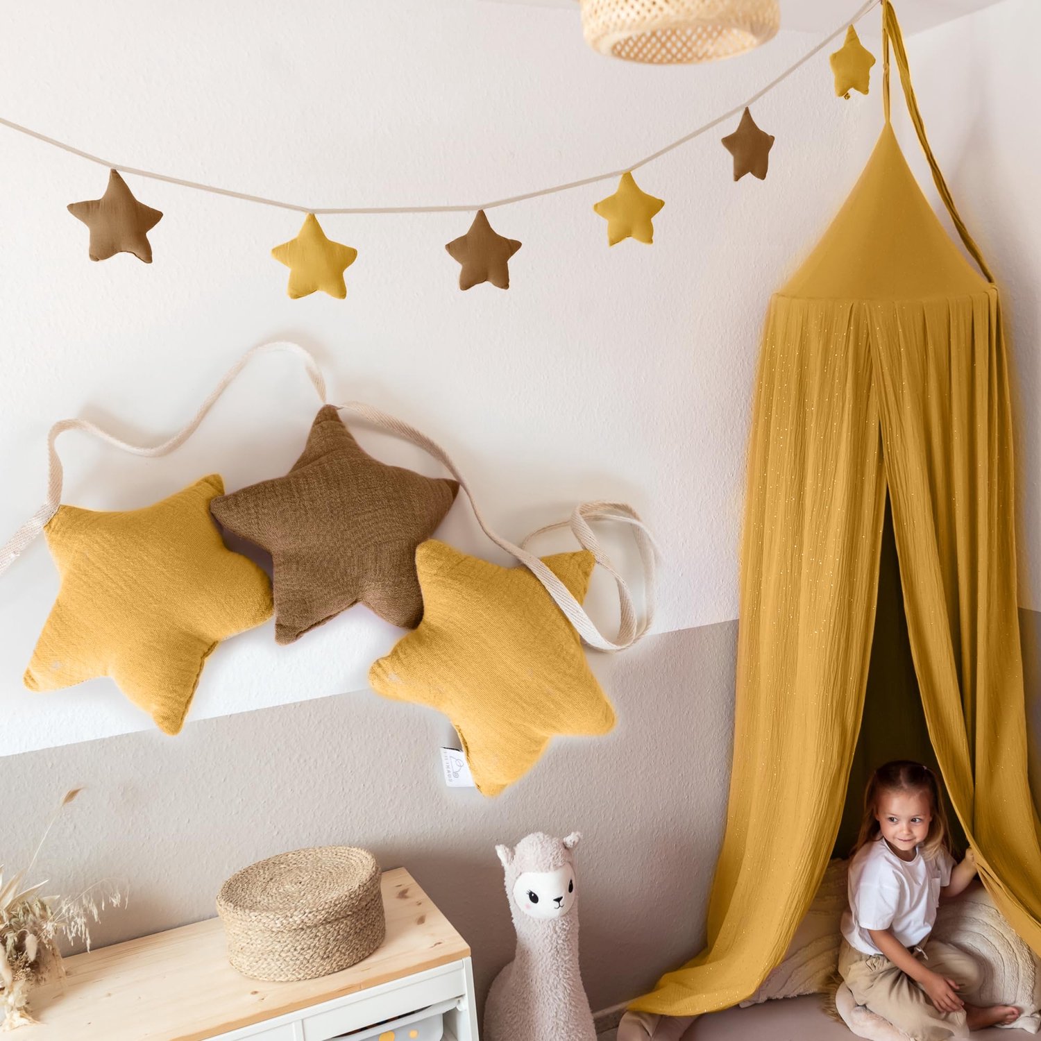 LILIMAUS Sterren slinger kinderkamer - stoffen slinger van mousseline katoen - 300 cm - geel en bruin