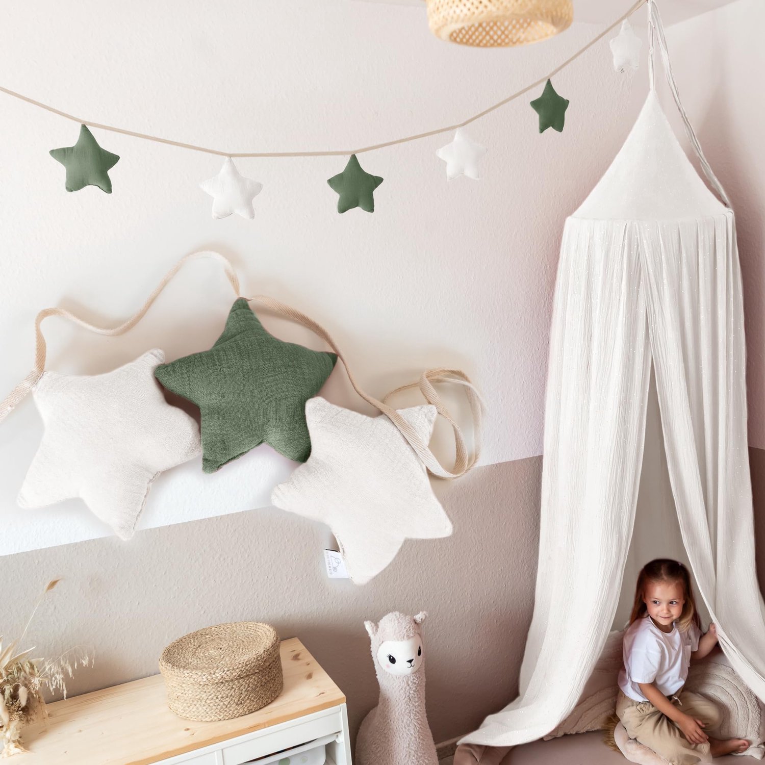LILIMAUS Sterren slinger kinderkamer - stoffen slinger van mousseline katoen - 300 cm - groen en wit
