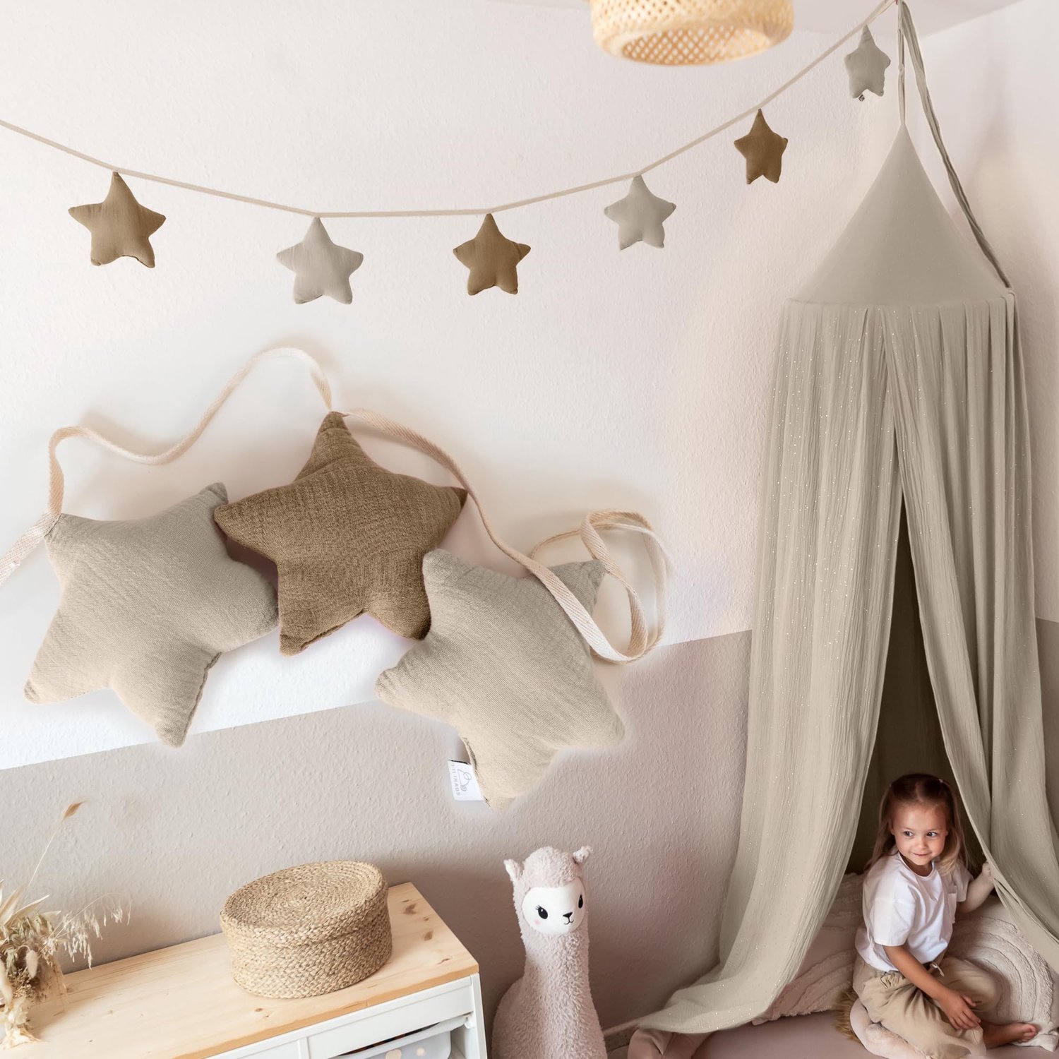 LILIMAUS Sterren slinger kinderkamer - stoffen slinger van mousseline katoen - 300 cm - lichtbeige en donkerbeige