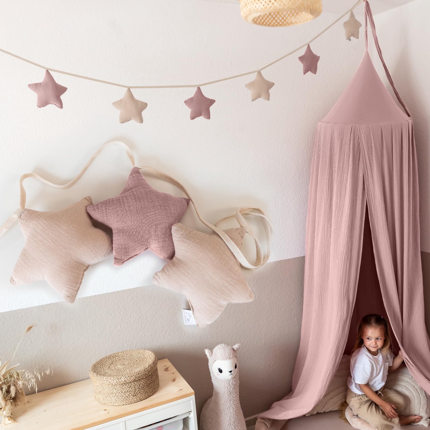 LILIMAUS Sterren slinger kinderkamer - stoffen slinger van mousseline katoen - 300 cm - poederroze en zachtroze