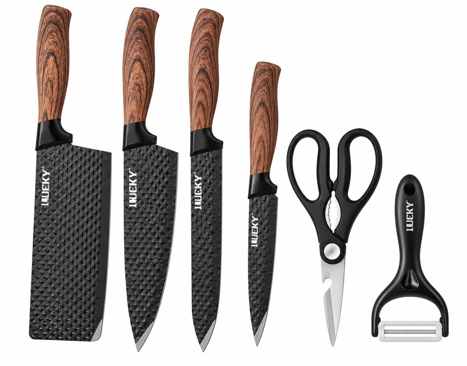 Sellino Messenset - Keukenmessenset - Kookmessenset - 6-delige set - Stevige Metalen Messen - Roestvrij Staal - Houtlook