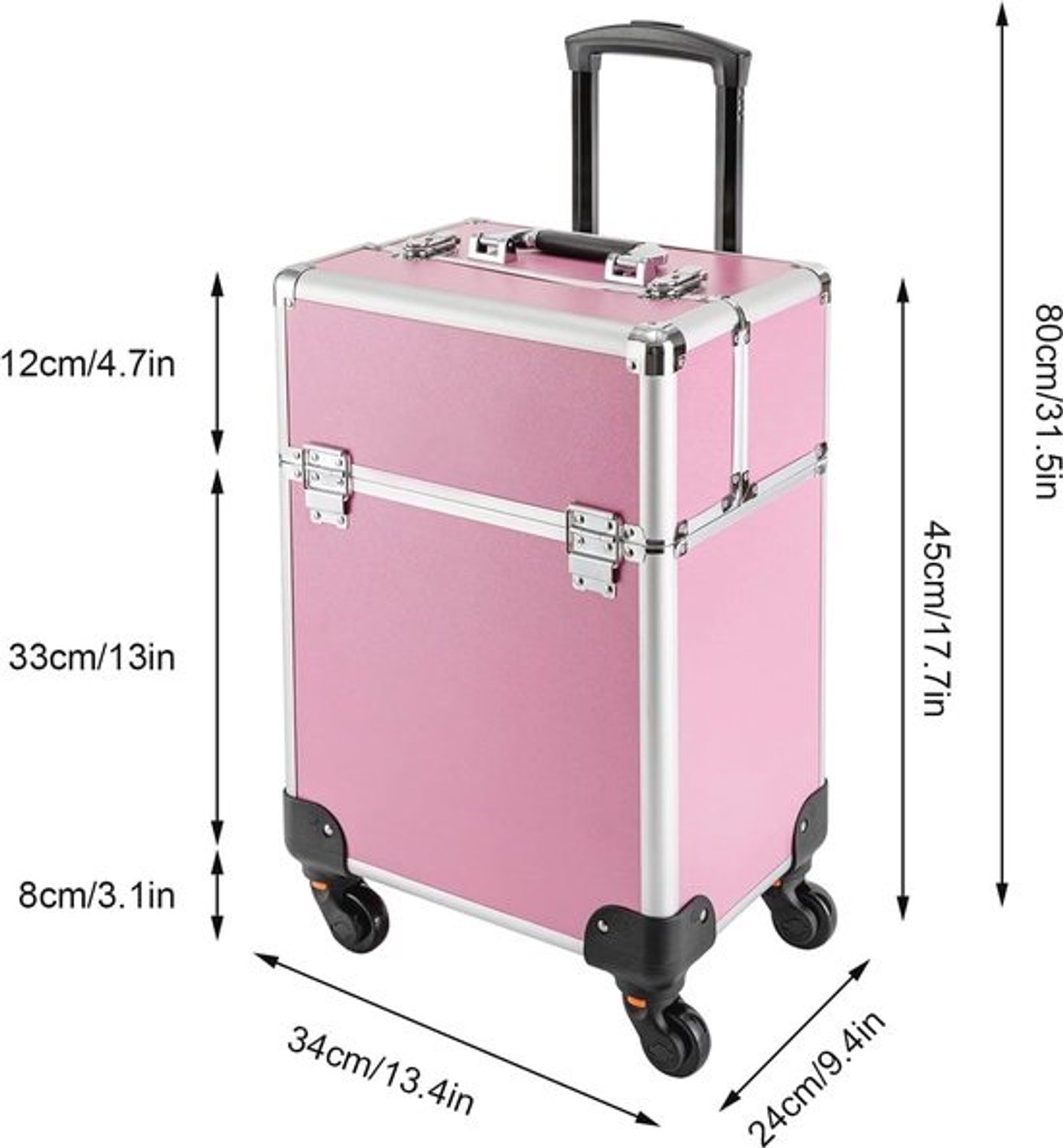 Cosmetische trolley met slot - 34x24x45 cm - roze kappers- en nageldesignkoffer met grote capaciteit
