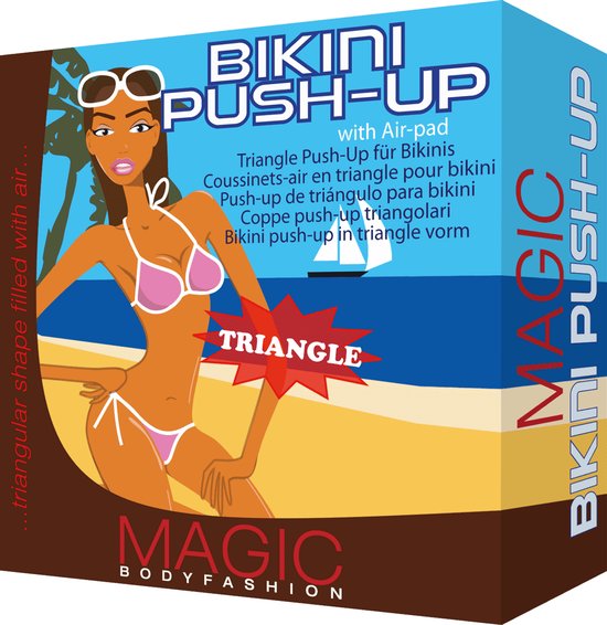 Verpakking van MAGIC Bodyfashion Bikini Push-Up met air-pad, met illustratie van een vrouw in bikini op het strand.