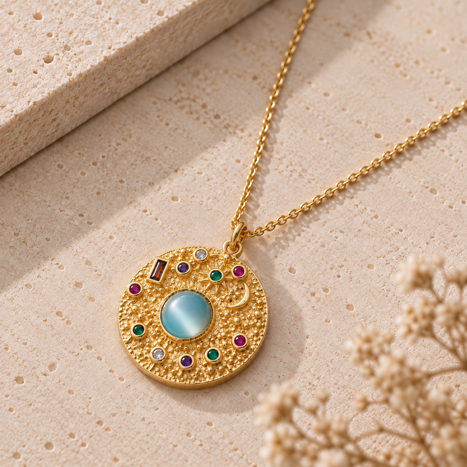 Engravia by Derya – Dames Ketting met Ronde Medaillon Hanger – Goudkleurig met Kleurrijke Steentjes – 45 cm – Cadeau voor Haar