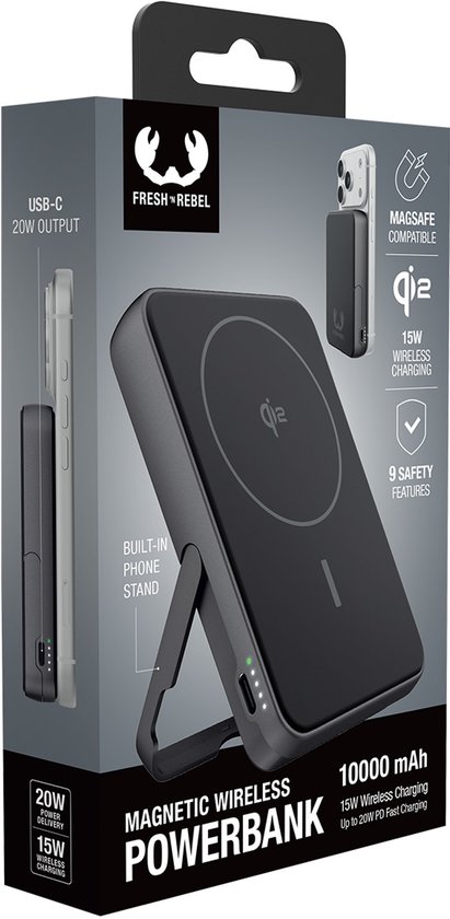 Verpakking voor een Fresh 'n Rebel 10000 mAh magnetische powerbank in Storm Grey met specificaties en productafbeelding.