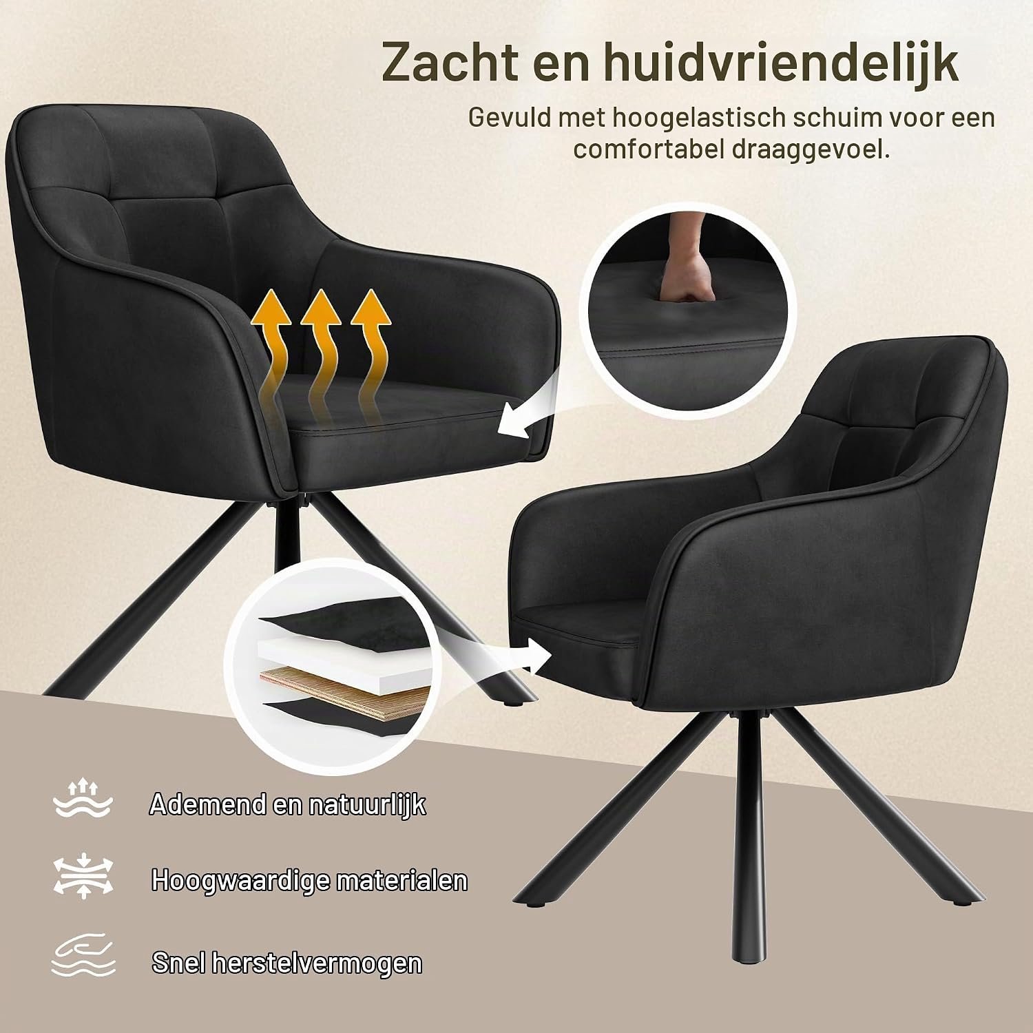 Draaibare Velvet Eetkamerstoelen met Armleuningen – Set van 4, 360° Swivel, Ergonomisch & Comfortabel