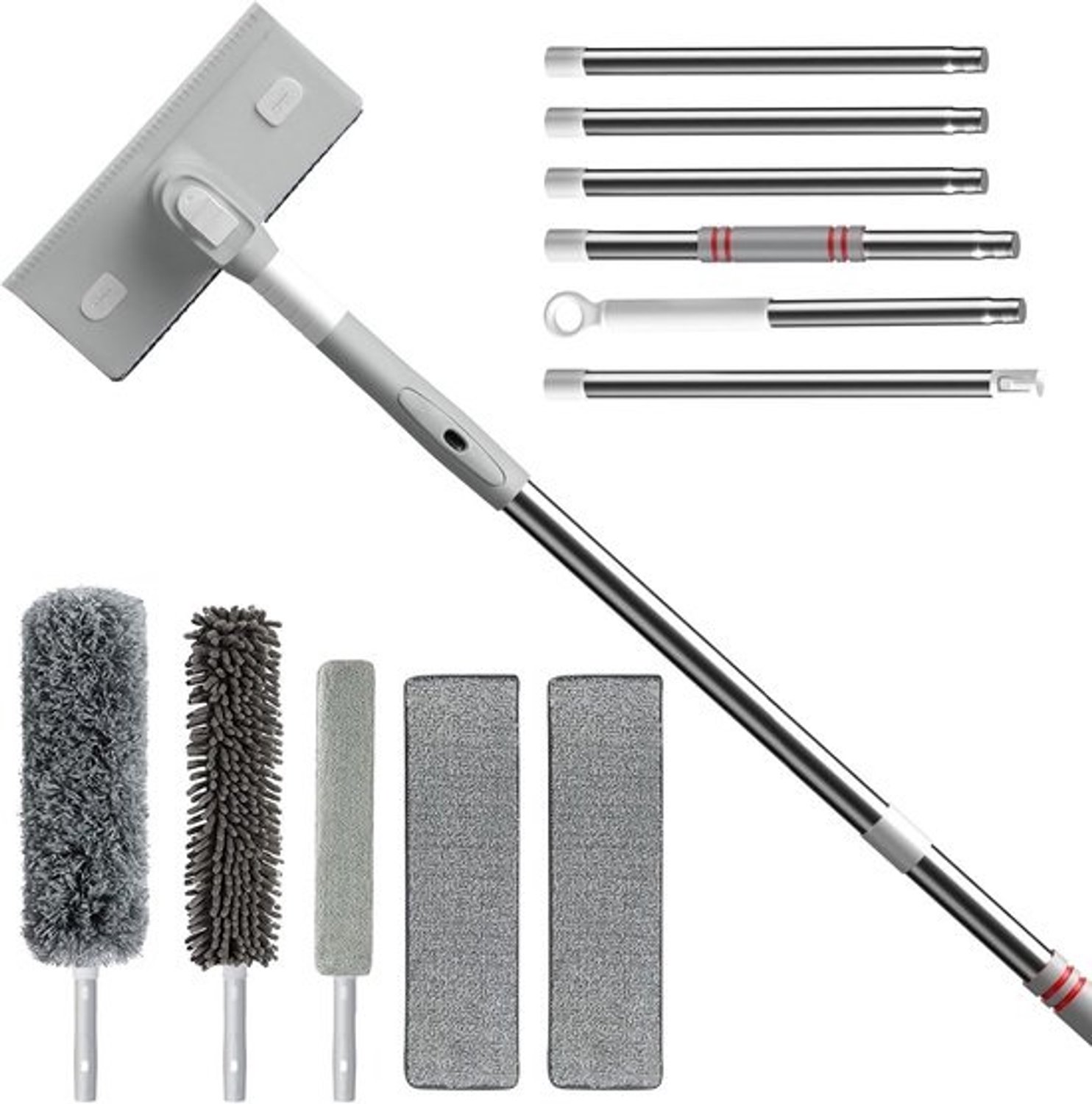4-in-1 telescopische raamreinigingsset 95 inch - Uitschuifbare raamwisser - Glasreinigingsgereedschap - Borstel voor hoge ramen - Telescopische wasborstel