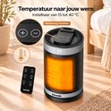 Zwarte Komodo kachel met handmatige bediening en afstandsbediening voor temperaturen van 15 tot 40 graden.