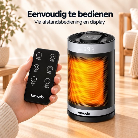 Komodo keramische kachel met afstandsbediening en digitaal display voor eenvoudige bediening.