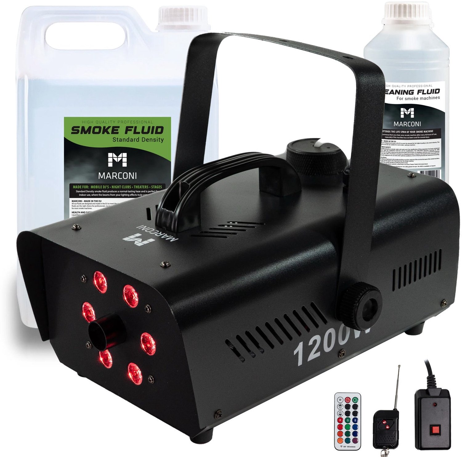 Marconi Rookmachine 1200W Met 6 Led - Feest En Podium Effectmachine - Inclusief Rookvloeistof En Reinigingsvloeistof - Draadloze Afstandsbediening