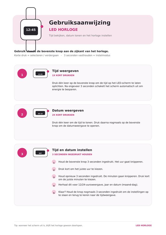 Gebruiksaanwijzing voor Disney LED-horloge: instructies voor tijd, datum en instellingen via de zijknop.