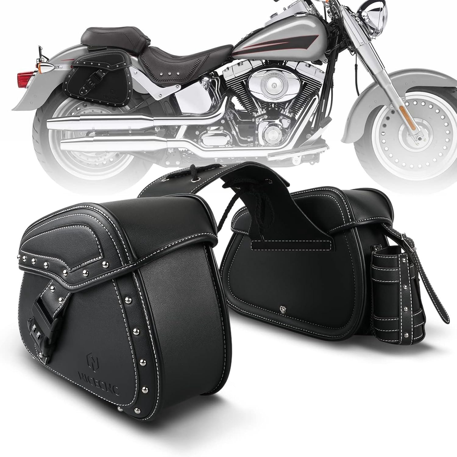 Motorfiets zijtassen van kunstleer, versterkte riemen en zadelstuk, met bekerhouder en slot, universele zijhoezen voor reizen voor motoraccessoires, zwart
