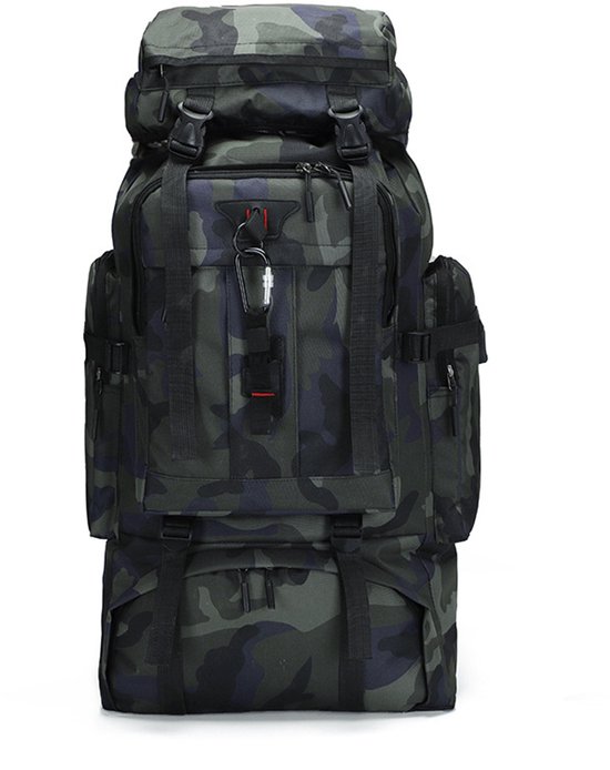 Grote camouflage rugzak met verschillende compartimenten en riemen.