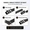 Instructiegids in vier stappen voor het op maat knippen van een zwarte leren riem met automatische gesp.