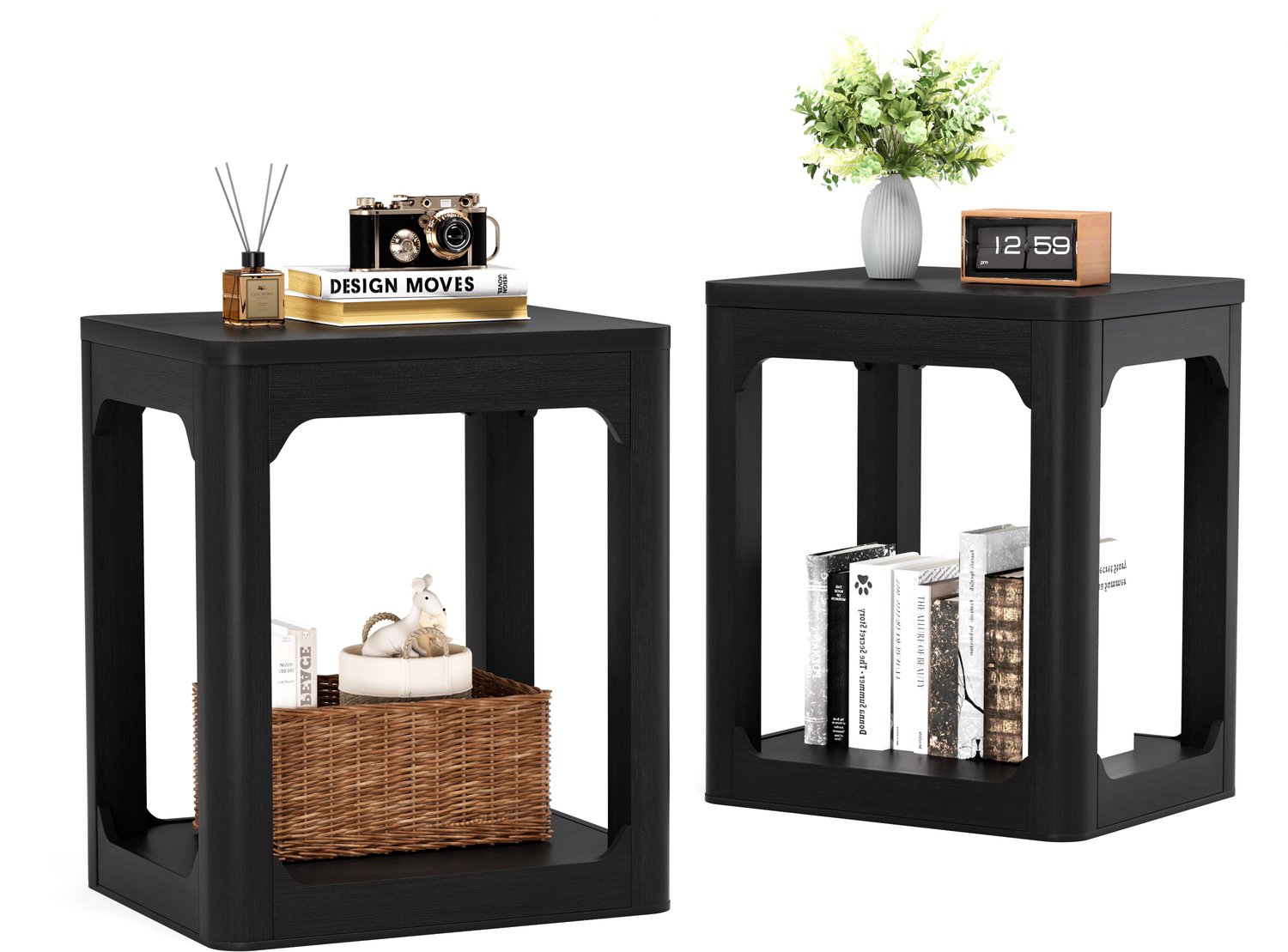 SONNENH Zwarte bijzettafels - Set van 2 - MDF met open onderplank - Elk 50 x 40 x 60 cm
