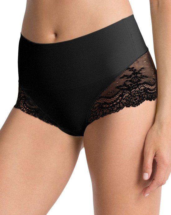 Zwarte slip met hoge taille en kanten zijpanelen met bloemendetail.