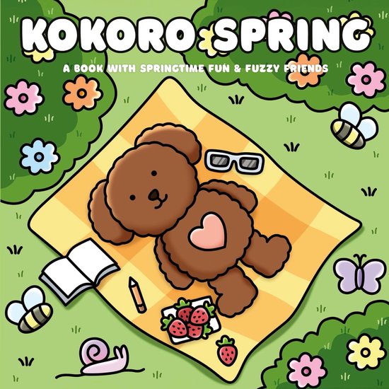 Bruine teddybeer met hartje op een deken, omringd door bloemen, bijen en aardbeien. Tekst: Kokoro Spring.