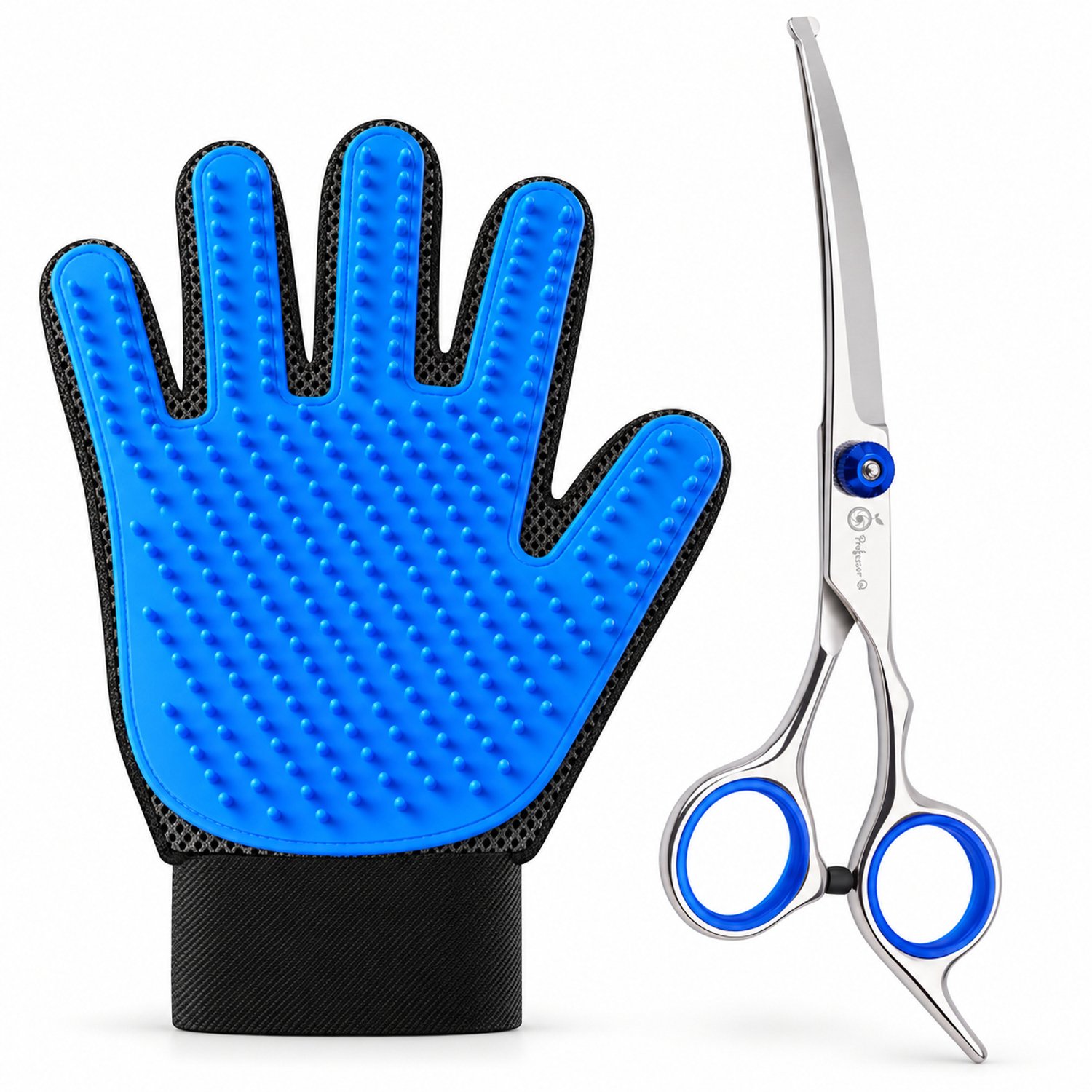 Professor Q Hondentrimset - Gebogen Trimschaar Blauw - Vachthandschoen Blauw - 2-delig