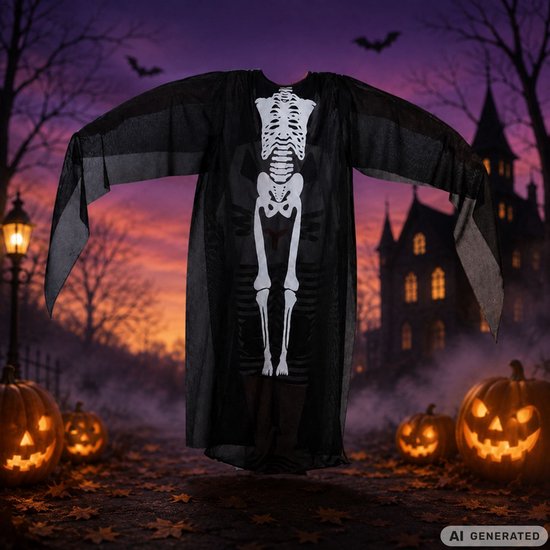 Zwart skeletkostuum met witte skeletprint en wijd uitlopende mouwen, zwevend in een spookachtige Halloween-setting.