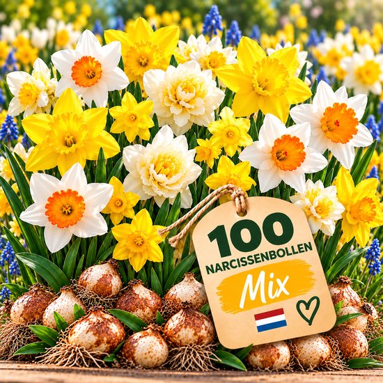 100 bloeiende narcissen en losse bollen. Label: 100 Narcissenbollen Mix met een Nederlandse vlag.