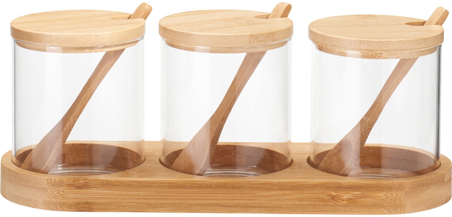 EH Excellent Houseware - Kruidenpotjes YULEA, 3 x Ø 8,5 cm, op een bamboe ondergrond