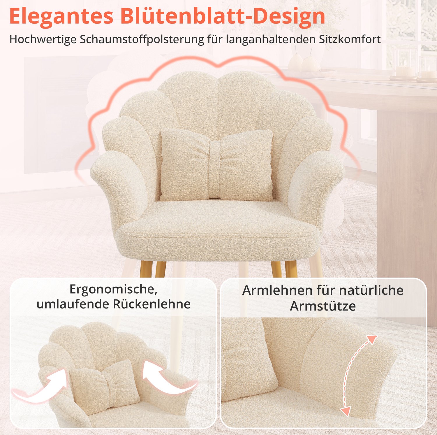 FloraGrace Eetkamerstoel 65,5 Cm - Teddy-Stof Met Bloemvormige Rugleuning En Armleuningen - Eetkamer Of Kaptafel - Metaal - Beige