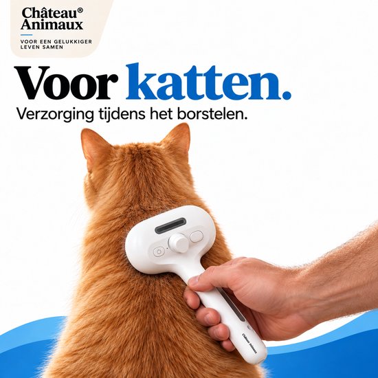 Hand die een oranje kat borstelt met een witte, elektrische stoomborstel van Château Animaux.