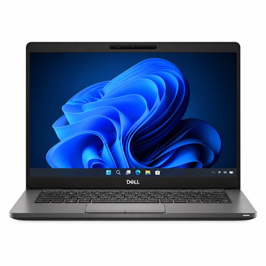 Vooraanzicht van een grijze Dell-laptop met Windows 11-bureaublad en verlicht toetsenbord.