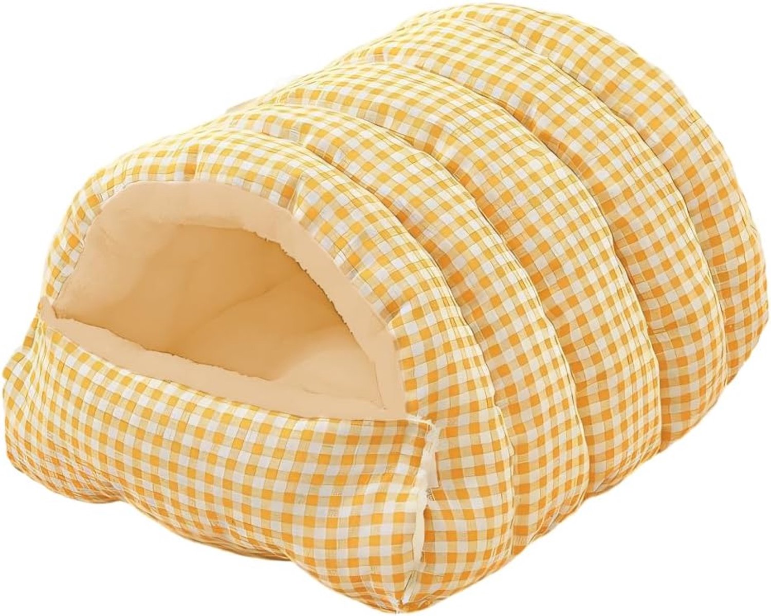 1 Warm kattenbed halfgesloten - Met klittenband deur - Open 65×40×28 cm / dicht 50×40×28 cm - Tot 7,5 kg - Voor winter en outdoor - Geel geblokt