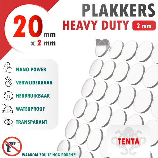 Transparante dubbelzijdige Tenta plakkers (20x2mm), heavy duty, herbruikbaar, waterproof en verwijderbaar.