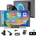 AutoSky displayset inclusief houder, zuignap, autolader, achteruitrijcamera en iconen voor CarPlay en Android Auto.