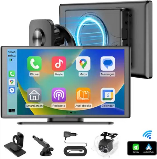 AutoSky displayset inclusief houder, zuignap, autolader, achteruitrijcamera en iconen voor CarPlay en Android Auto.