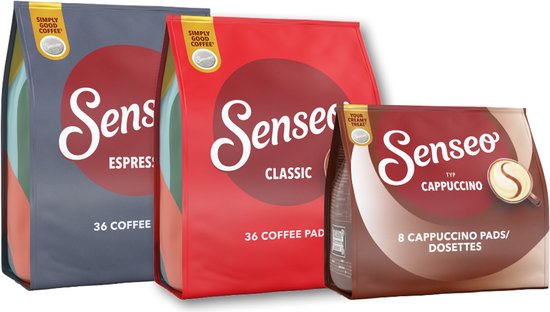Drie Senseo-koffiezakken: grijs voor Espresso, rood voor Classic en bruin voor Cappuccino met 36 of 8 pads.