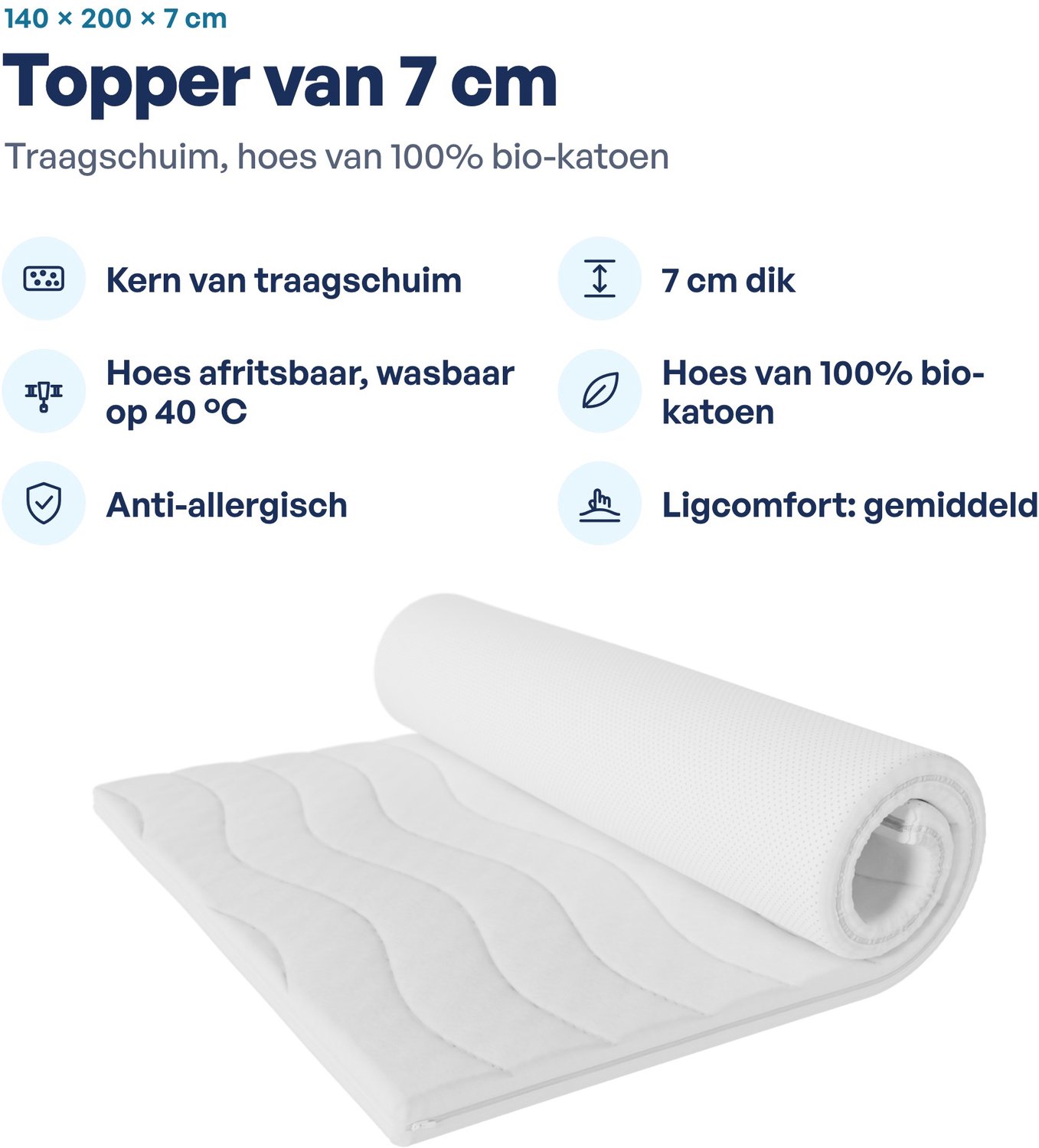 Toros Bedden Topdekmatras Matras Topper - 140x200x7 CM Wit
