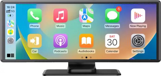 Breedbeeld display met gekleurde iconen voor telefoon, muziek, kaarten, berichten en instellingen.