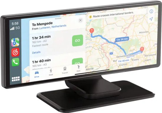 AutoSky smart display met navigatie-interface, reistijden naar Mengede en kaartweergave.