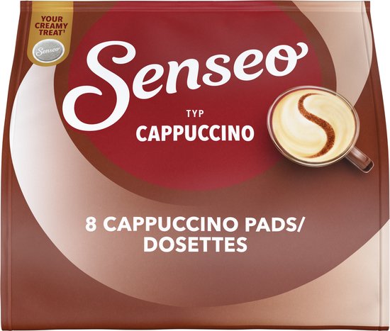 Bruine zak Senseo Cappuccino met 8 pads, voorzien van het Your Creamy Treat-label.