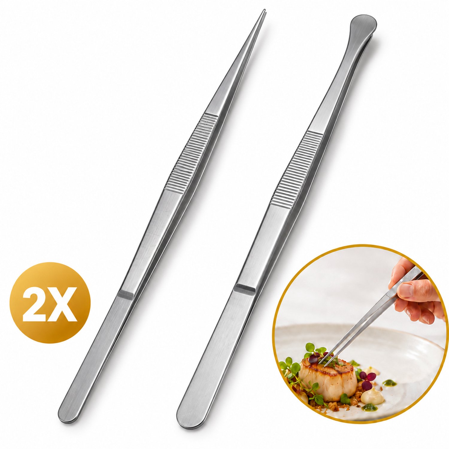 DIVERZA Keukenpincet Set – 2 Verschillende RVS Pincetten – Smalle en Brede Punt – Kookpincet – 30 cm / Zilver
