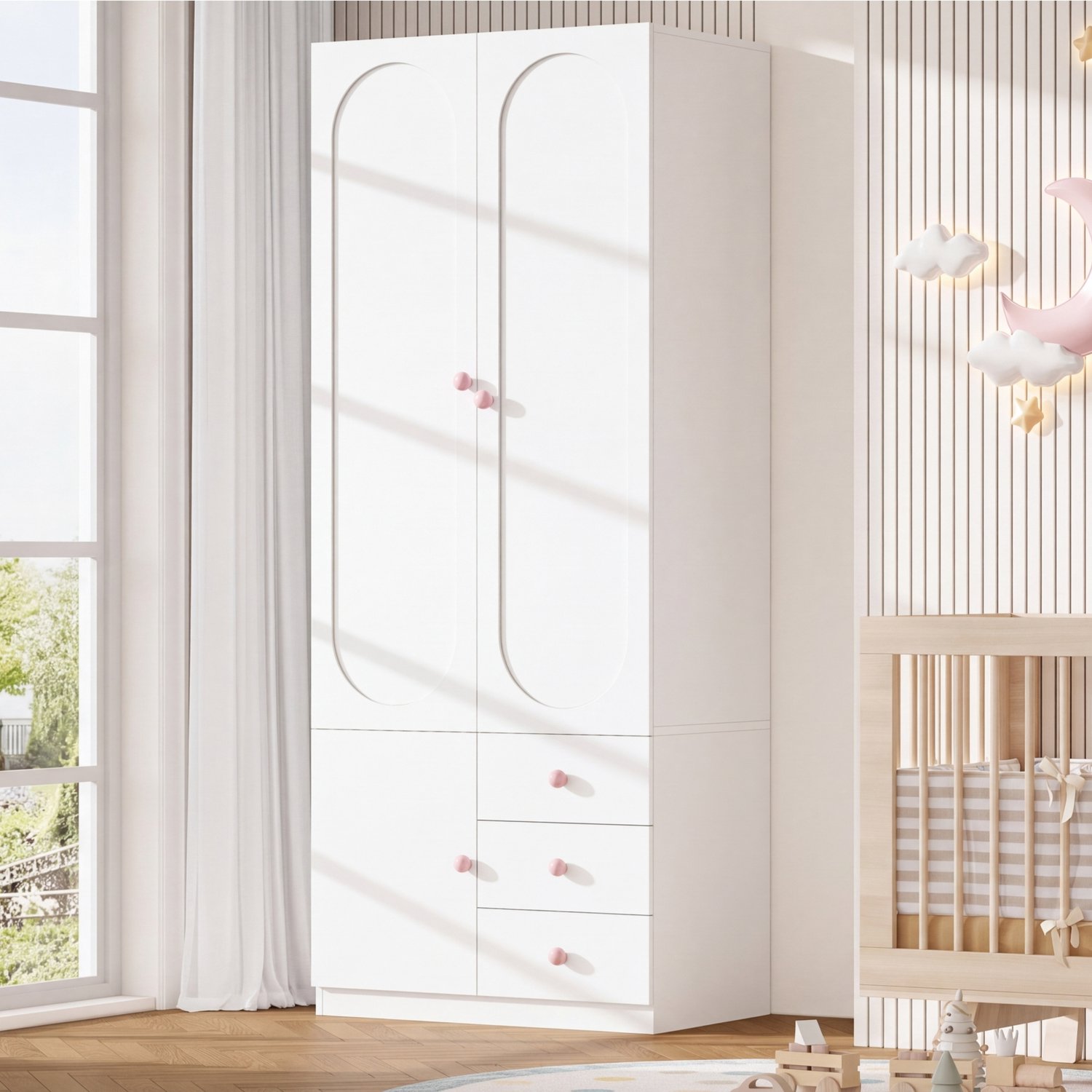 Clruro Kledingkast - 80×50×200 cm - 3 Laden - Roze Keramische Grepen - MDF - Wit