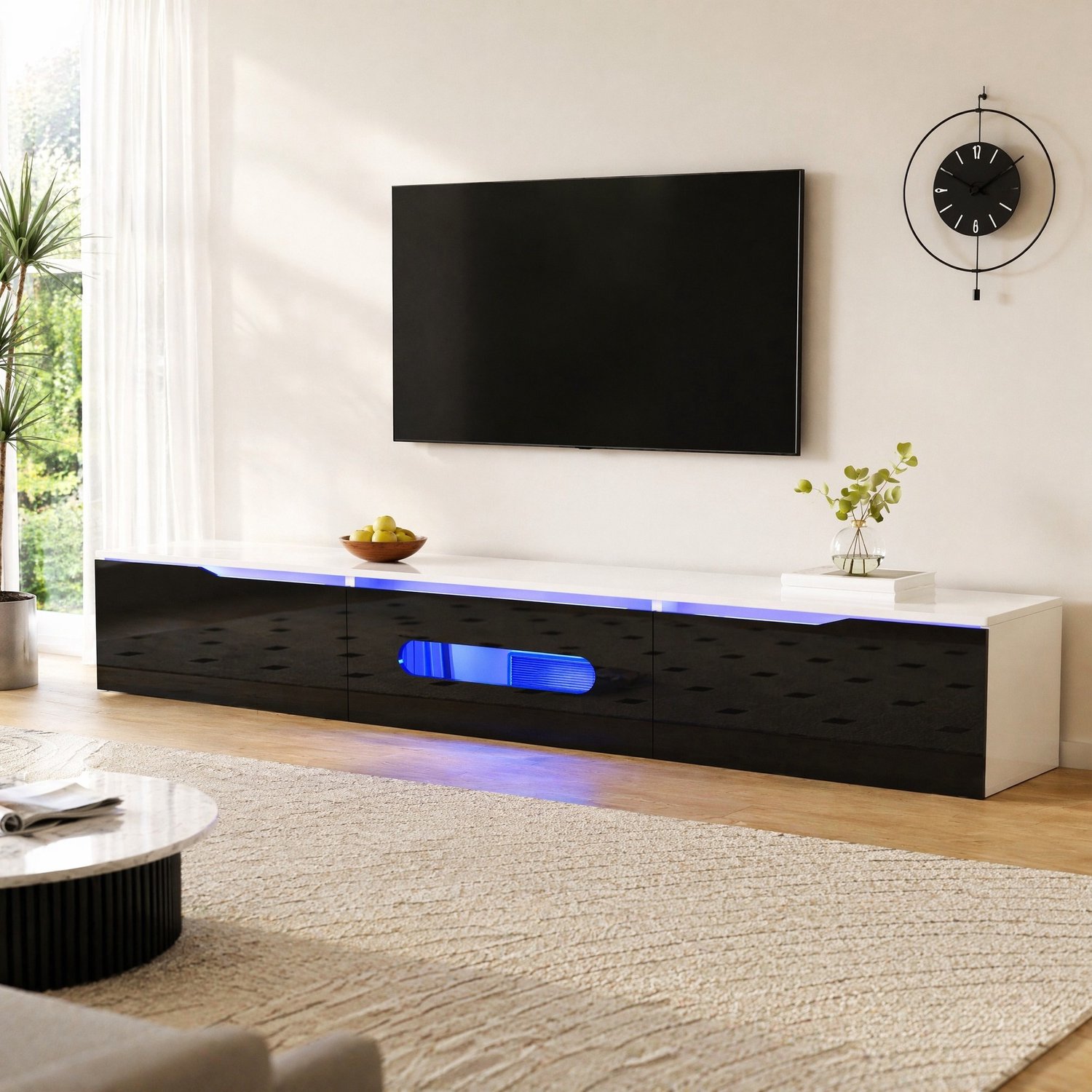 CHICFURN TV-meubel 180 cm - 16-kleuren LED-verlichting - 3 deuren - wand- of vloermontage - woonkamer - MDF en spaanplaat - zwart-wit