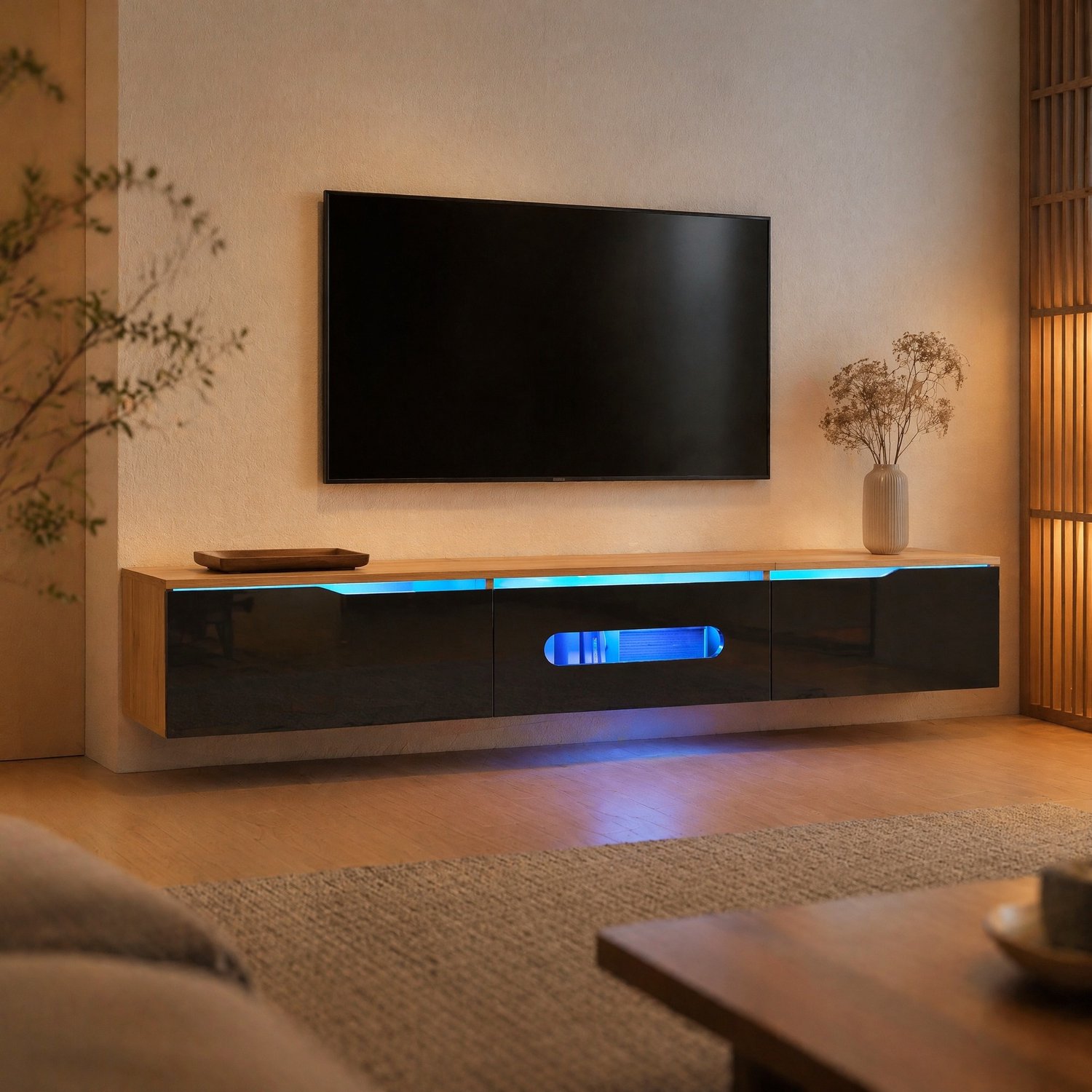 CHICFURN TV-meubel - LED-verlichting - Wandmontage - Zwart houtlook