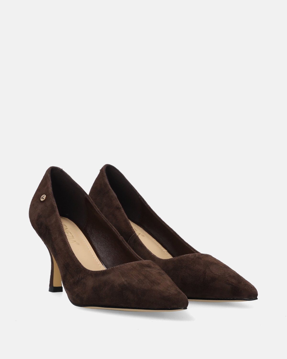 Chocoladebruine suède pumps - Naaldhak - Natuurleren bovenwerk