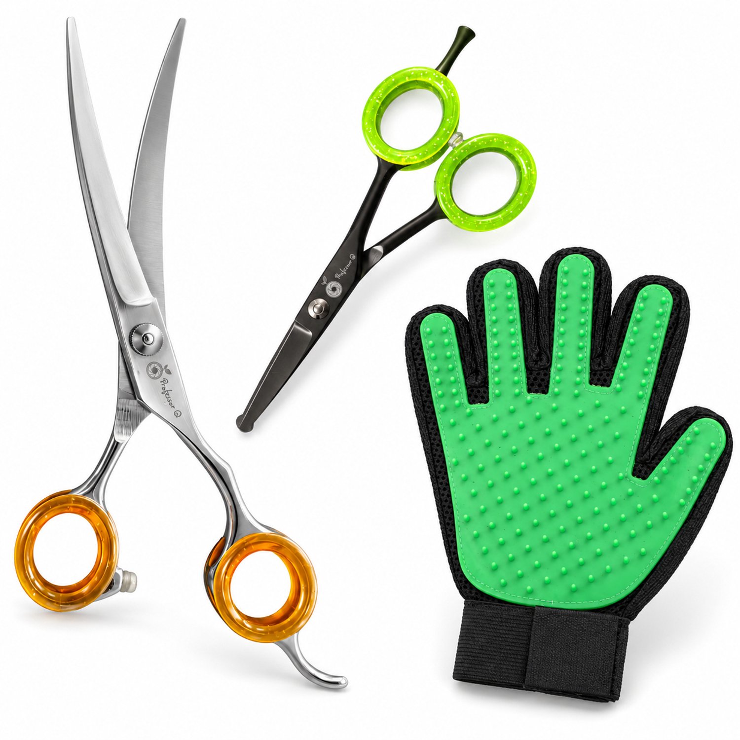 Professor Q Hondentrimset - Omhoog Gebogen Trimschaar 7,5 inch Oranje - Potenschaar Zwart/Groen en Vachthandschoen Groen - 3-delig