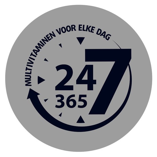 Grijs rond embleem met zwarte tekst 'Multivitamine voor elke dag' en '24/7 365' in het midden.