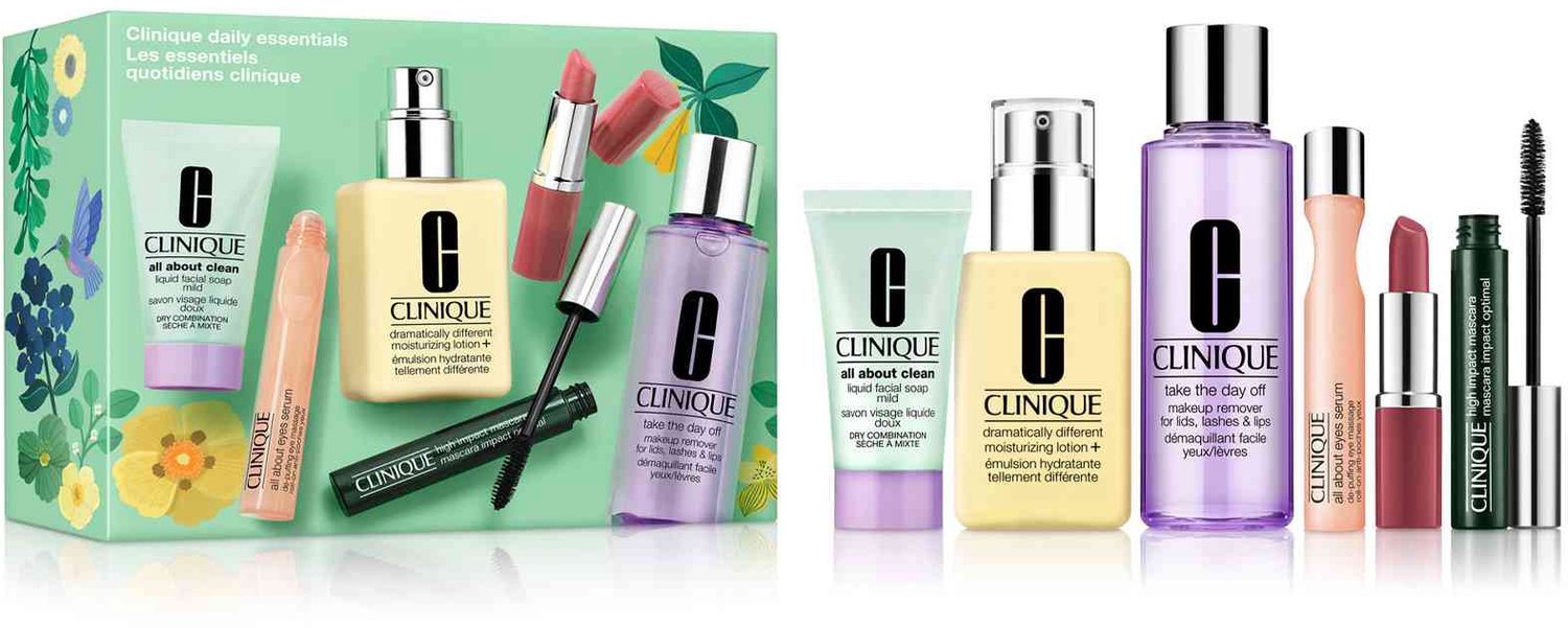 Clinique Daily Essentials Skincare + Makeup Gift 4-Set: Soap Mild 30ml + Moisturizing Lotion 125ml + Makeup Remover 125ml + Mascara Black 7ml