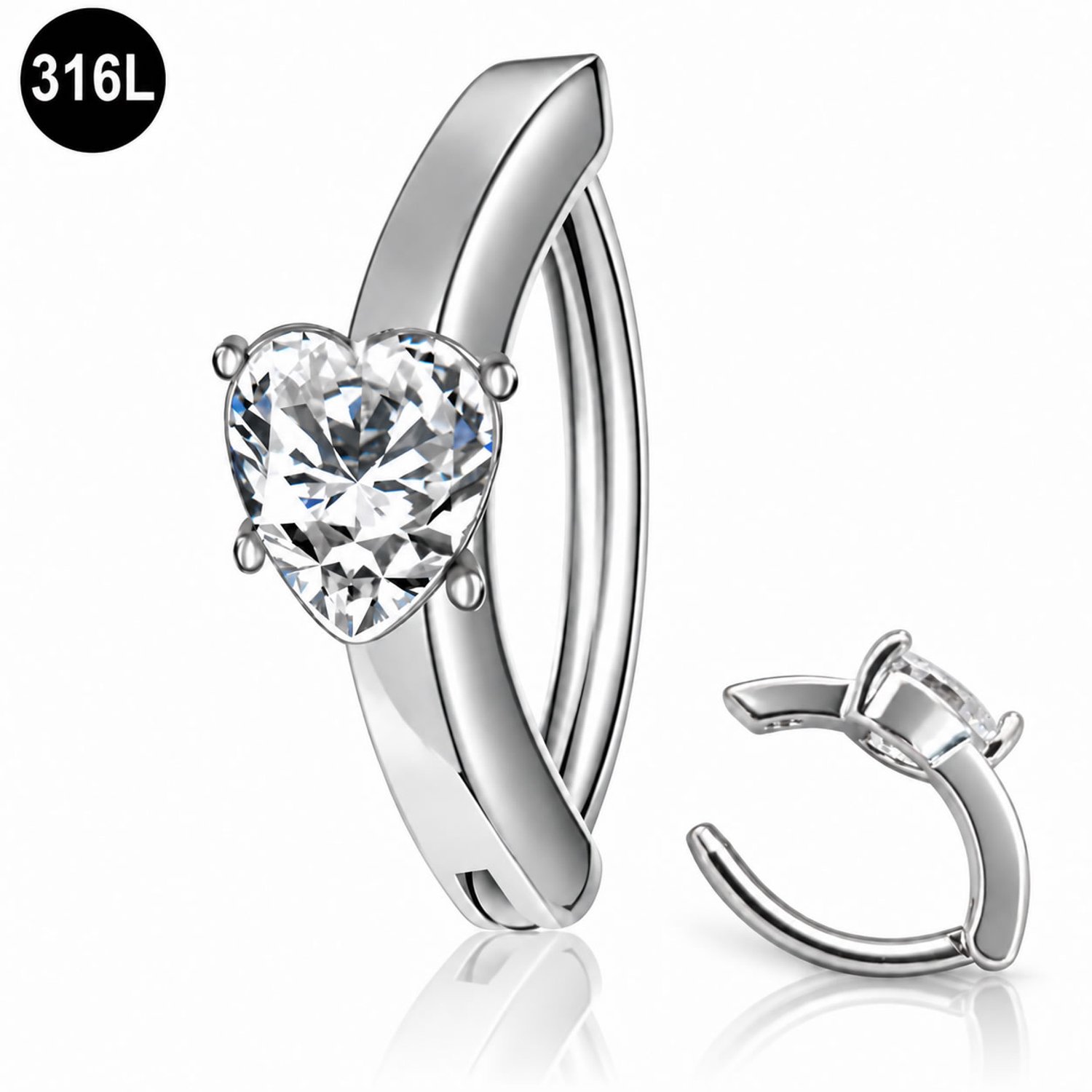 Navelpiercing - Hartje – Clicker Sluiting – 10mm – 1.6mm – 316L Chirurgisch Staal - Zilver Kleurig