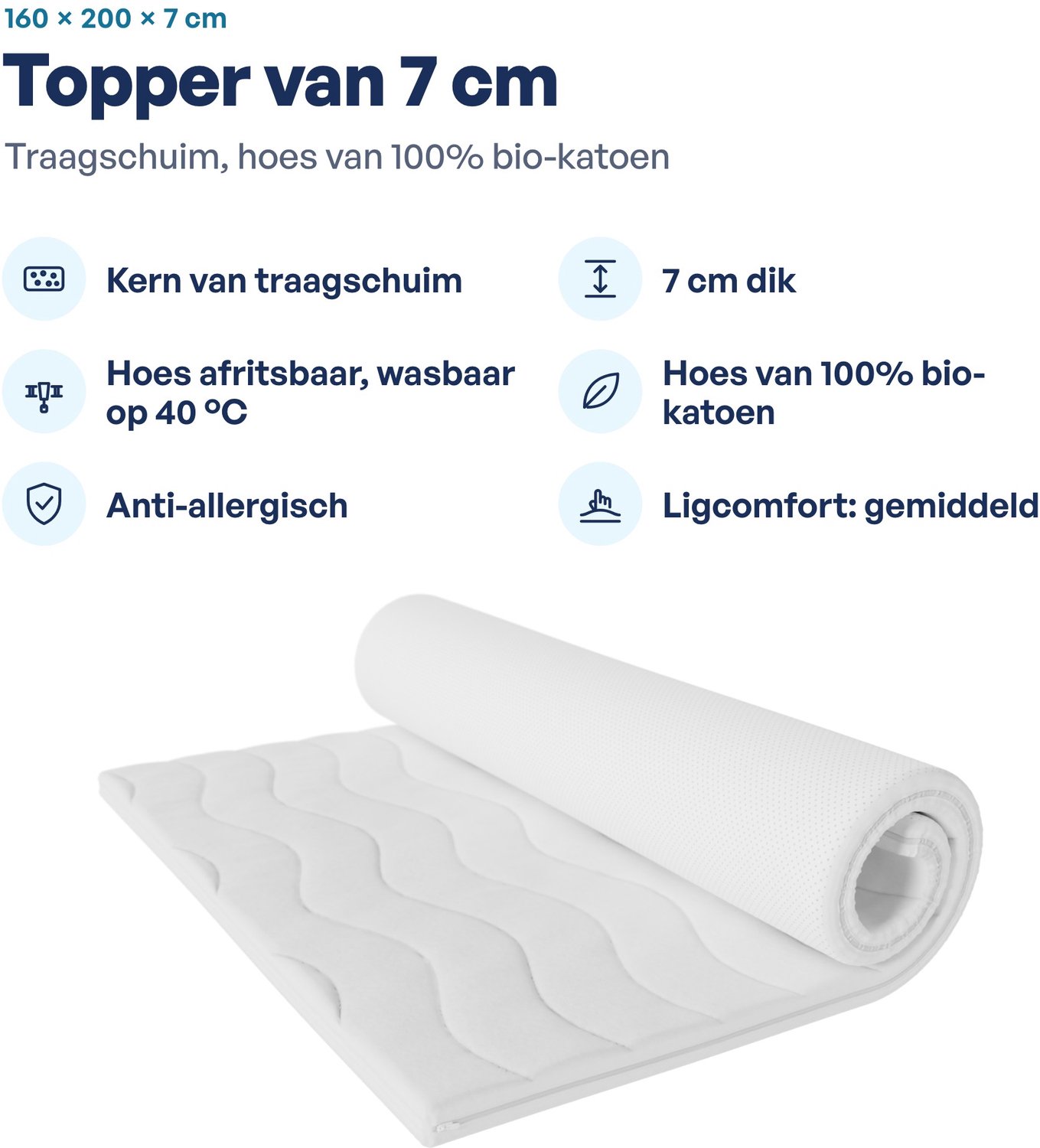 Toros Bedden Topdekmatras Matras Topper - 160x200x7 CM Wit